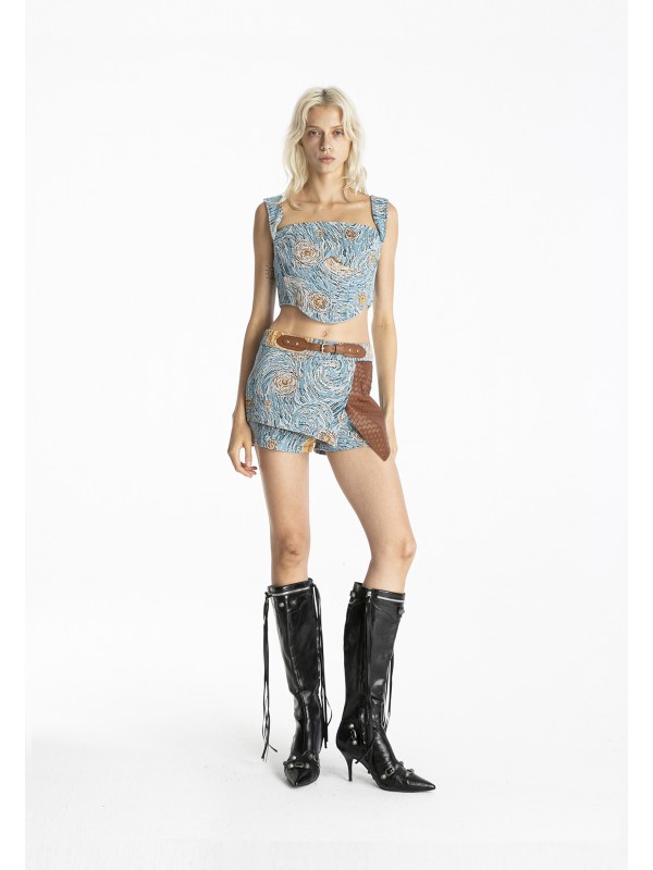 MWM TAPESTRY DENIM SHORTS WITH LEATHER DETAIL