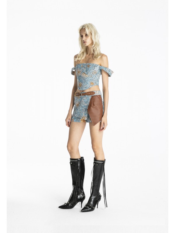 MWM TAPESTRY DENIM SHORTS WITH LEATHER DETAIL