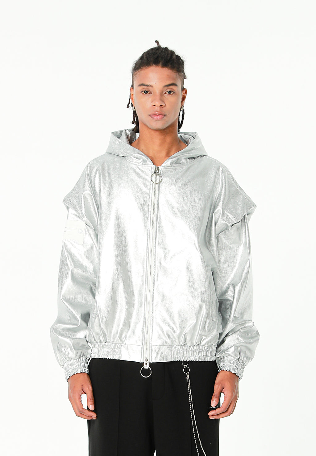 Chaqueta Bomber efecto piel con capucha y hombreras | MWM [PS_COLORS:SILVER]