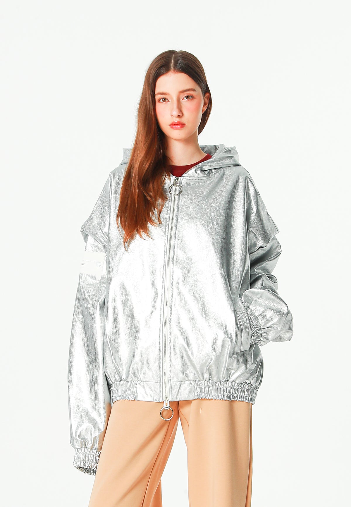 Chaqueta Bomber efecto piel con capucha y hombreras | MWM [PS_COLORS:SILVER]