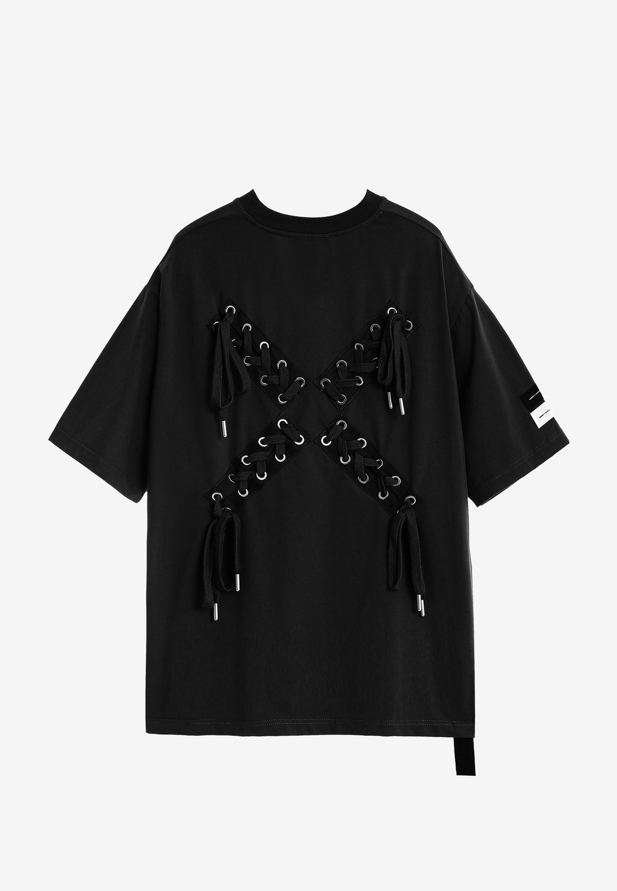 Camiseta Relaxed Fit con manga caída y X de cordones cruzados | MWM [PS_COLORS:BLACK]