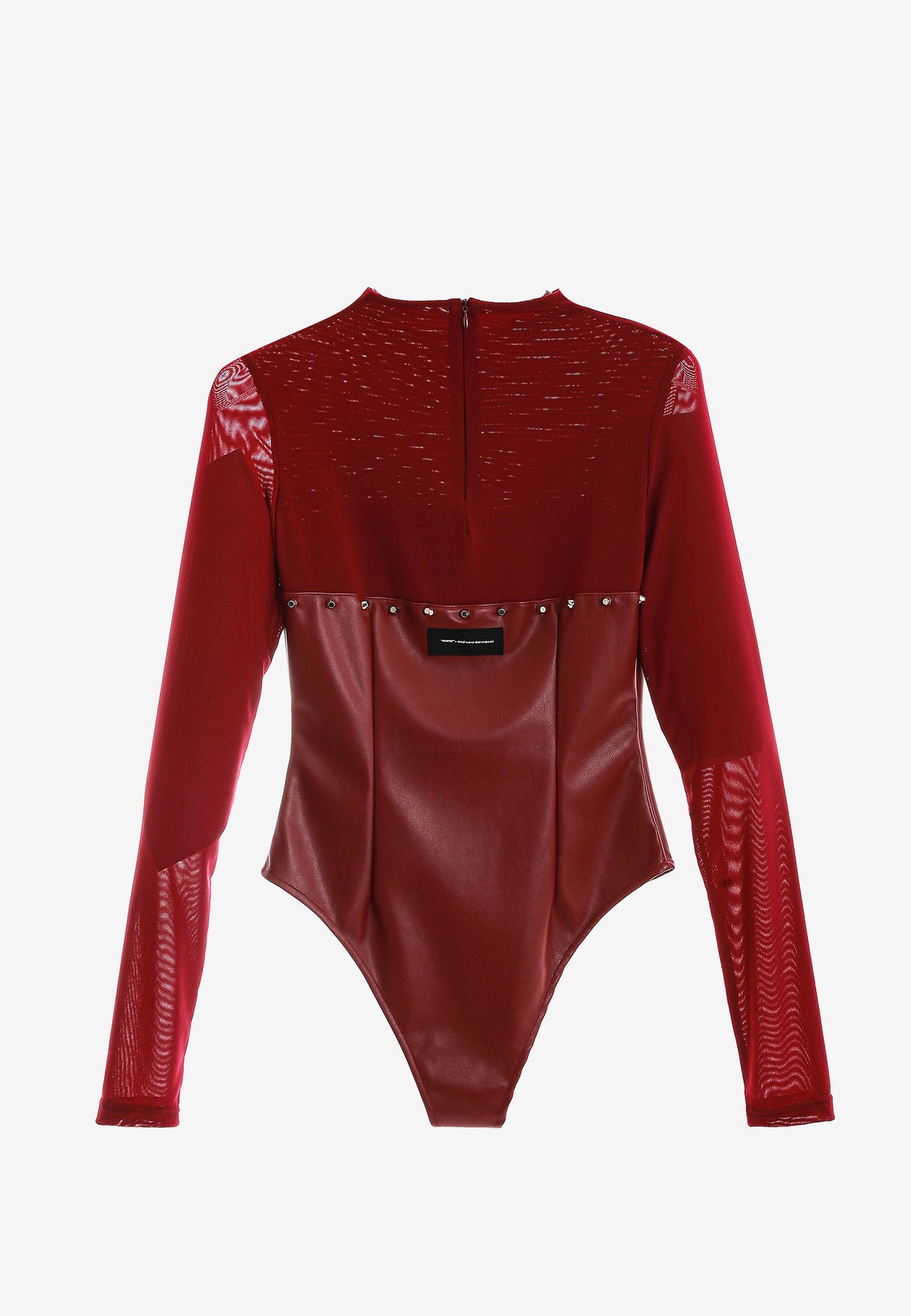 Body ajustado de manga larga con polipiel, tul y tachuelas metálicas | MWM [PS_COLORS:BURGUNDY]