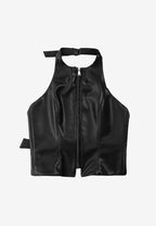 Top ajustado efecto piel con cremallera frontal y espalda abierta | MWM [PS_COLORS:BLACK]