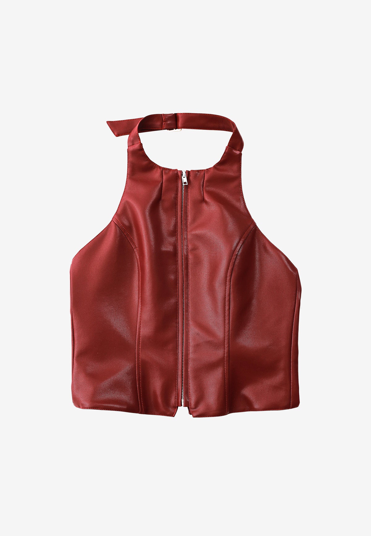 Top ajustado efecto piel con cremallera frontal y espalda abierta | MWM [PS_COLORS:BURGUNDY]