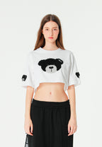 Camiseta de mujer TEDDY Mike Bag corta con gran parche frontal y detalles en mangas | MWM [PS_COLORS:WHITE]