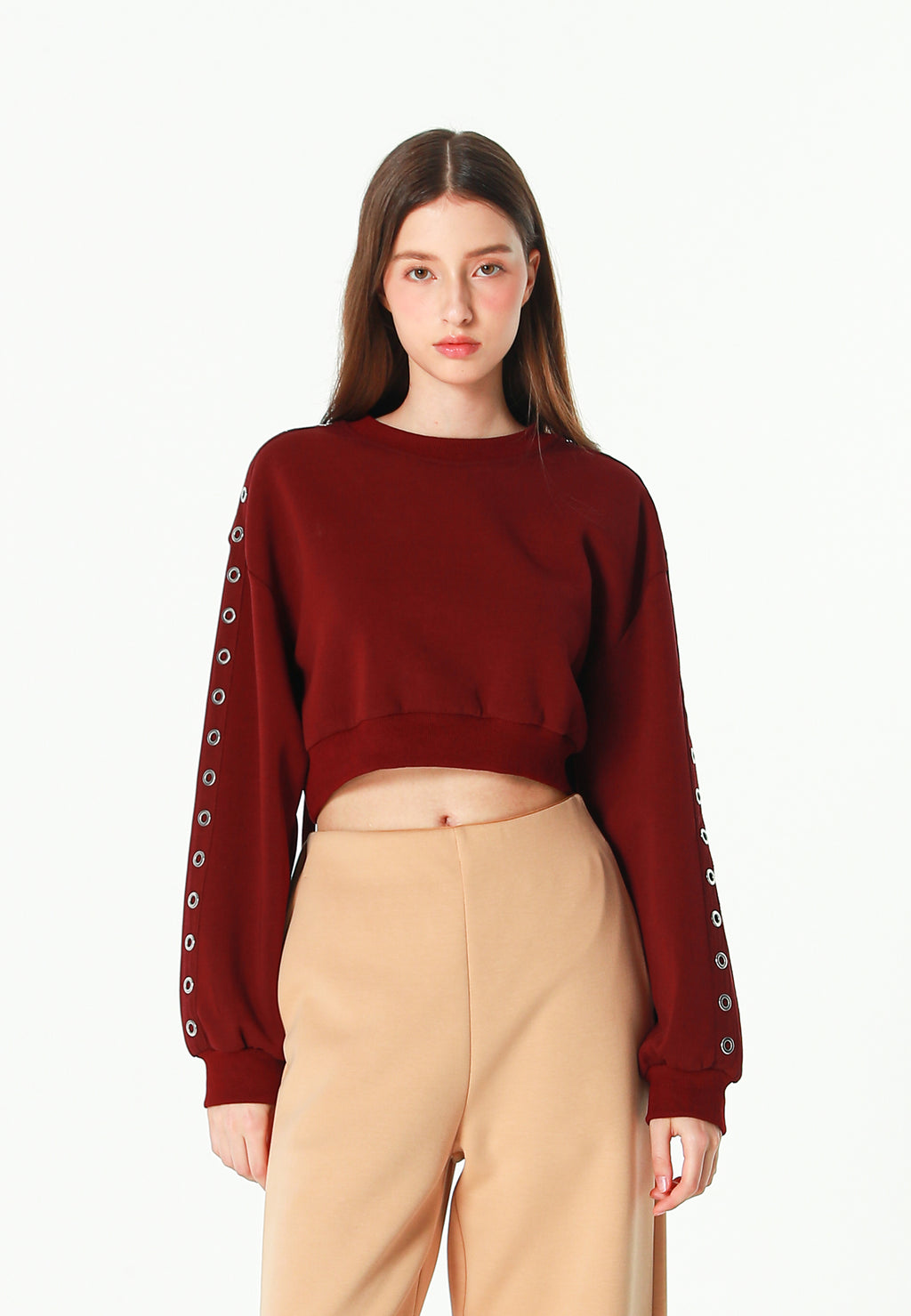 Sudadera corta con cordones en mangas y X de cordones cruzados | MWM [PS_COLORS:BURGUNDY]