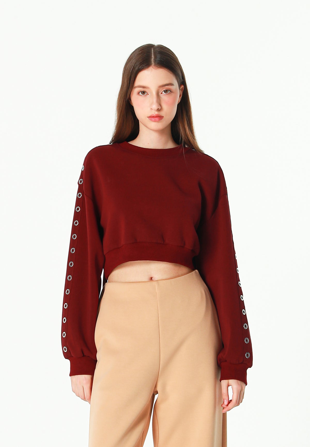 Sudadera corta con cordones en mangas y X de cordones cruzados | MWM [PS_COLORS:BURGUNDY]