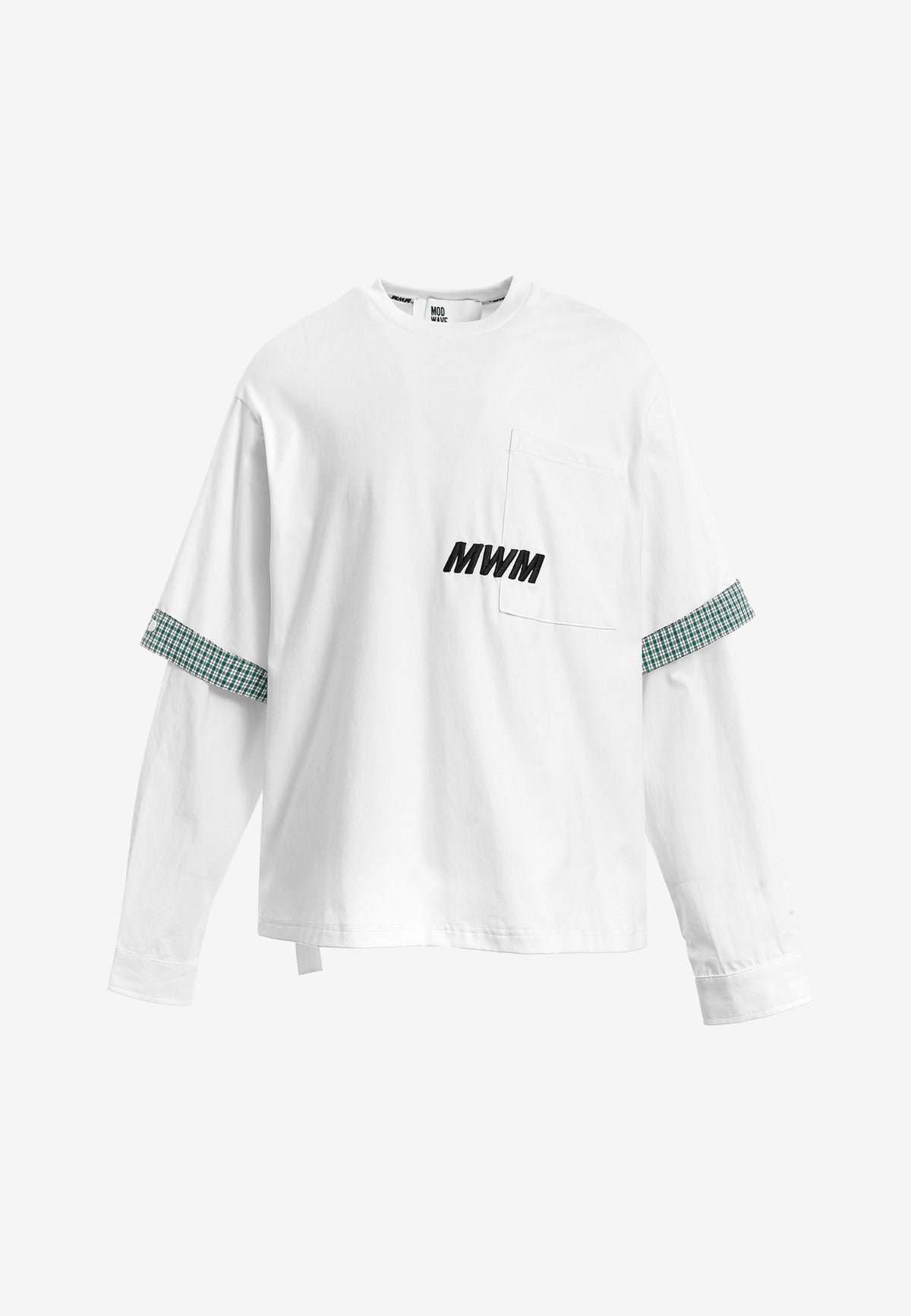Camiseta de doble capa con manga larga de camisa y bolsillo frontal | MWM [PS_COLORS:WHITE]