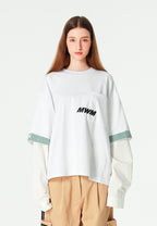 Camiseta de doble capa con manga larga de camisa y bolsillo frontal | MWM [PS_COLORS:WHITE]