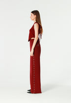 Pantalón palazzo de mujer de pierna ancha con efecto faja y tachuelas laterales | MWM [PS_COLORS:BURGUNDY]