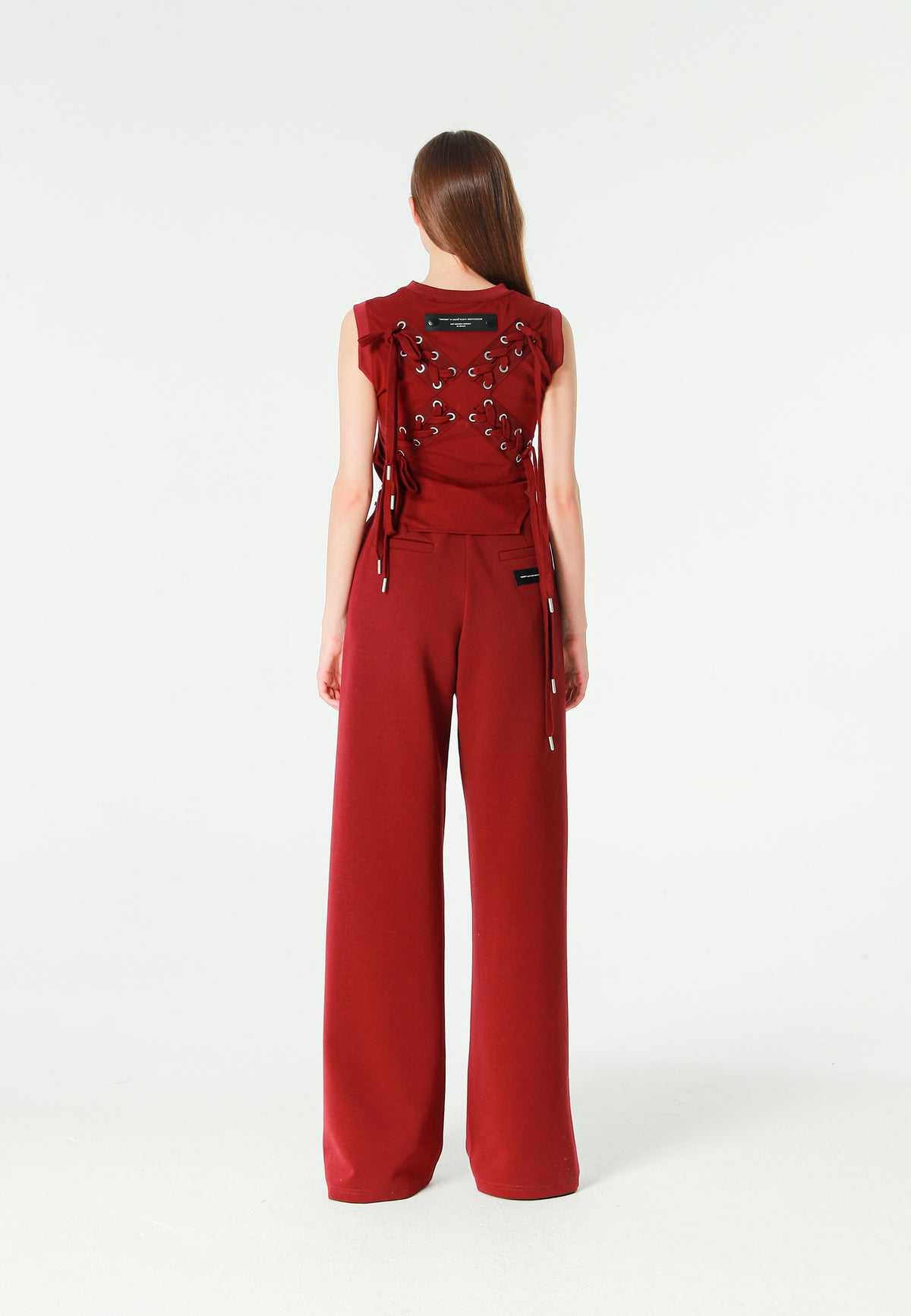 Pantalón palazzo de mujer de pierna ancha con efecto faja y tachuelas laterales | MWM [PS_COLORS:BURGUNDY]