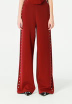 Pantalón palazzo de mujer de pierna ancha con efecto faja y tachuelas laterales | MWM [PS_COLORS:BURGUNDY]