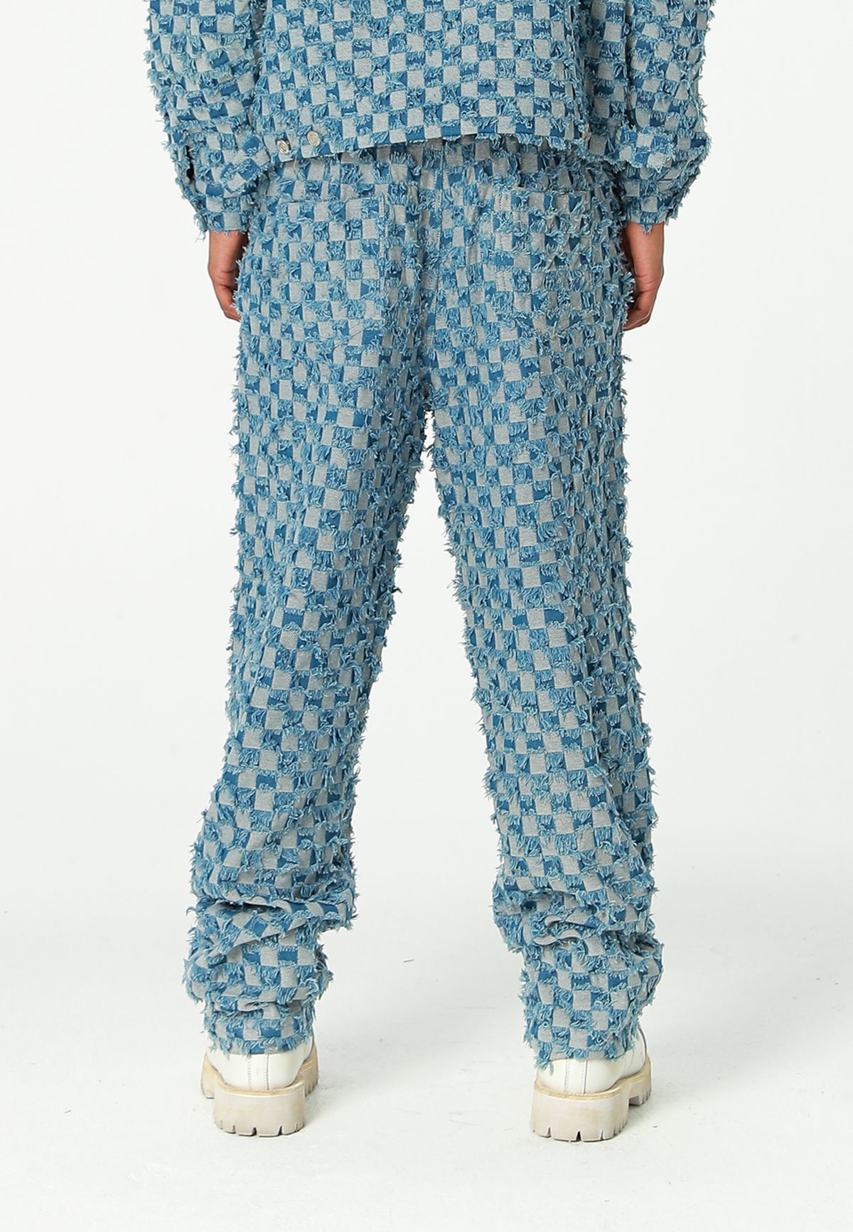 Pantalón de corte recto y relajado en jacquard de chenilla con brillo | MWM [PS_COLORS:BLUE]