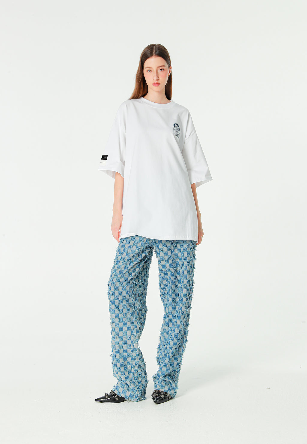Pantalón de corte recto y relajado en jacquard de chenilla con brillo | MWM [PS_COLORS:BLUE]