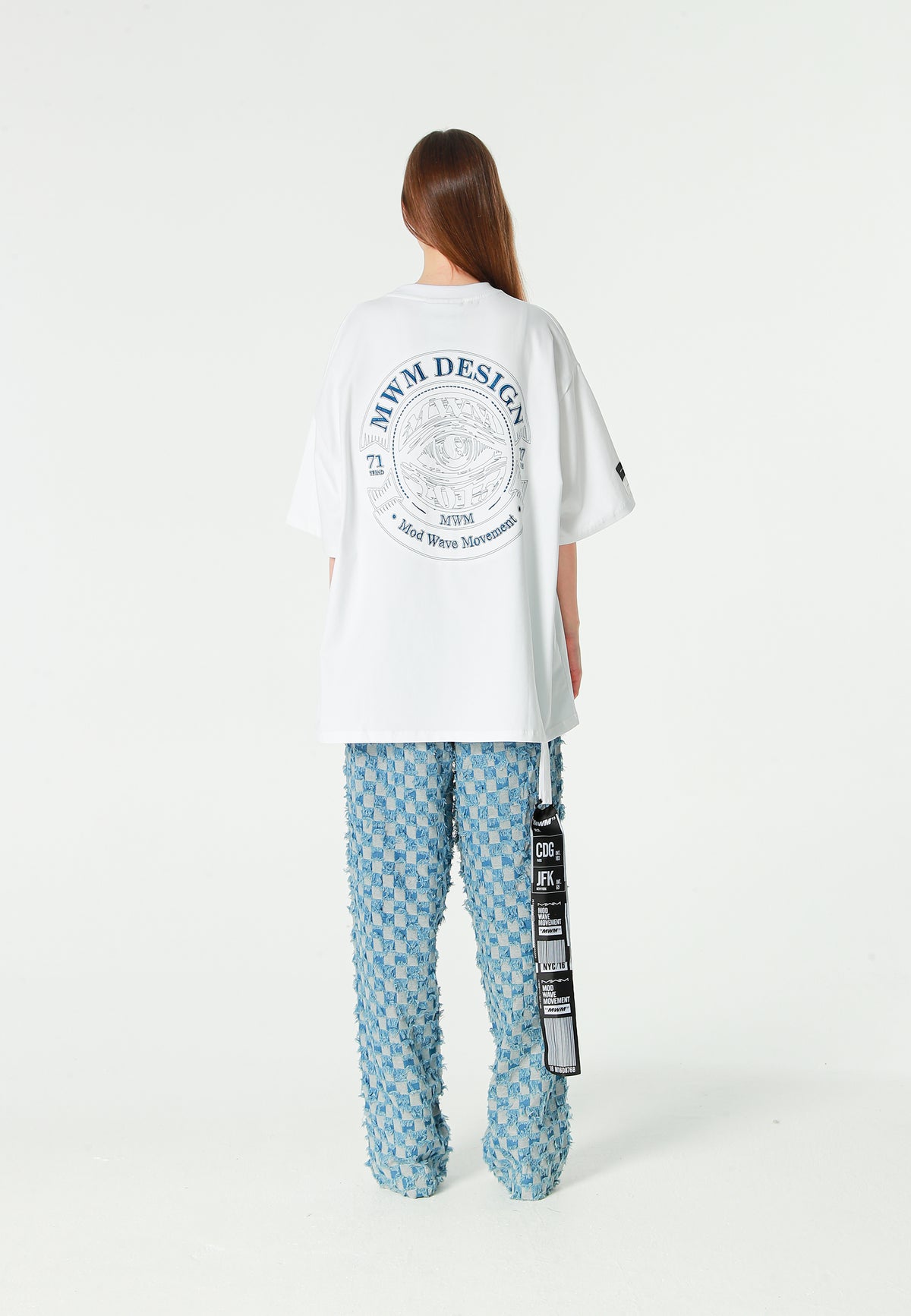 Pantalón de corte recto y relajado en jacquard de chenilla con brillo | MWM [PS_COLORS:BLUE]