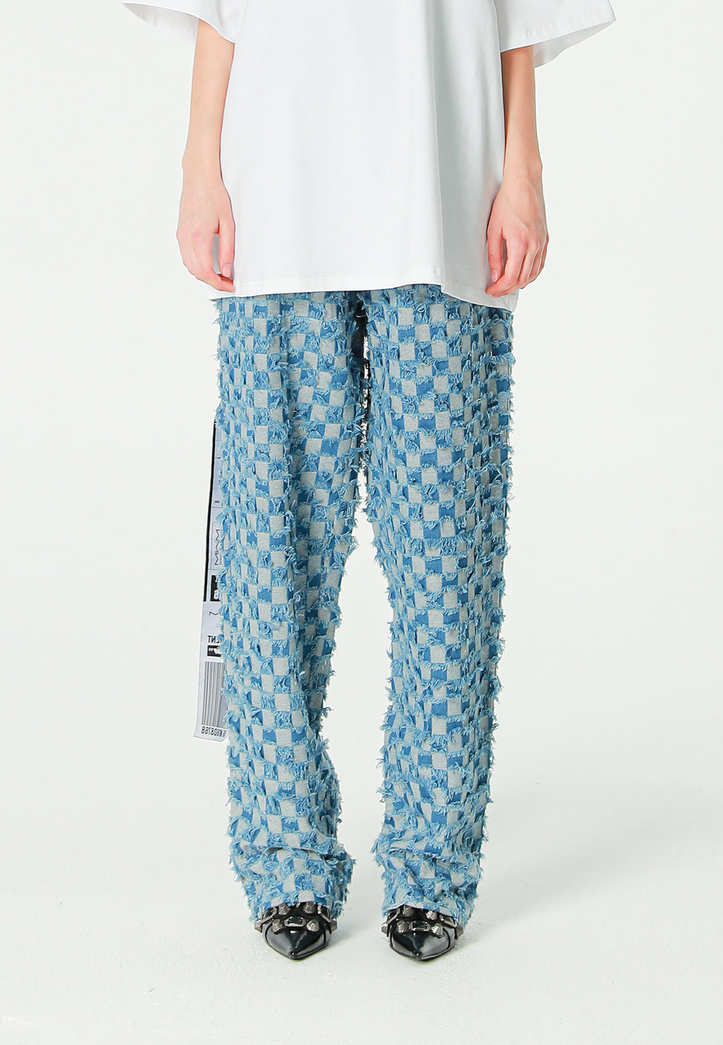 Pantalón de corte recto y relajado en jacquard de chenilla con brillo | MWM [PS_COLORS:BLUE]