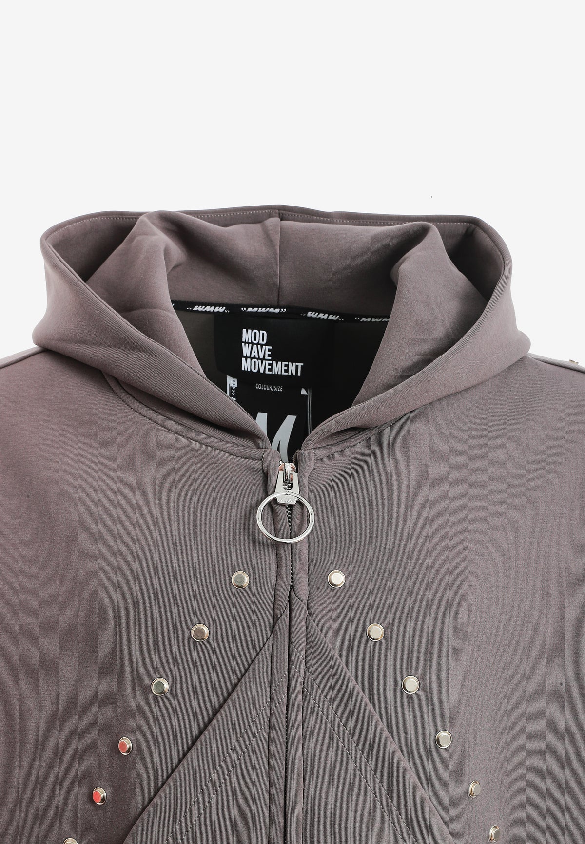 Sudadera con capucha, cremallera frontal, mangas globo y tachuelas metálicas | MWM [PS_COLORS:GREY]