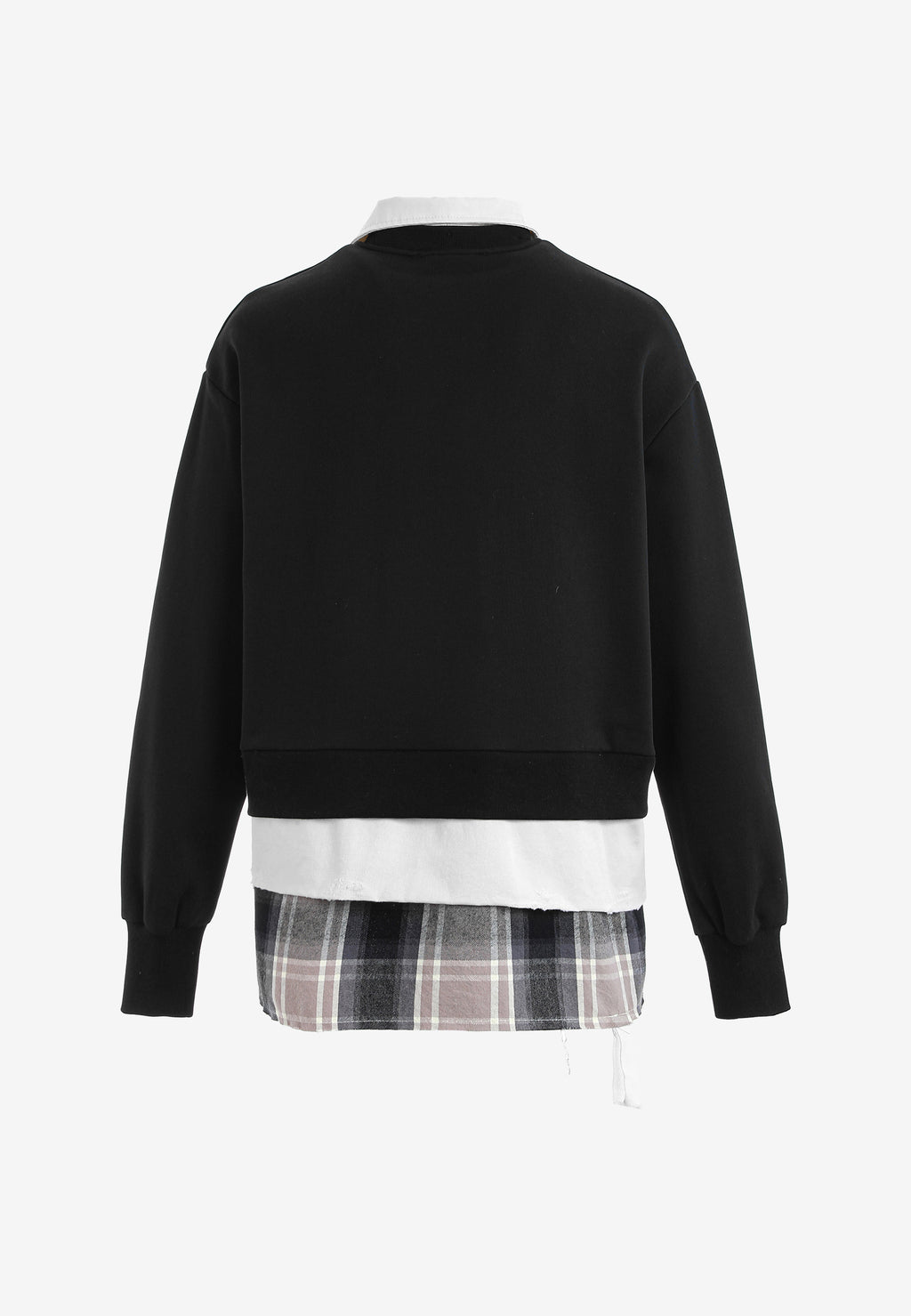 Sudadera multicapa con cuello de camisa extraíble y faldón de canvas y franela | MWM [PS_COLORS:BLACK]
