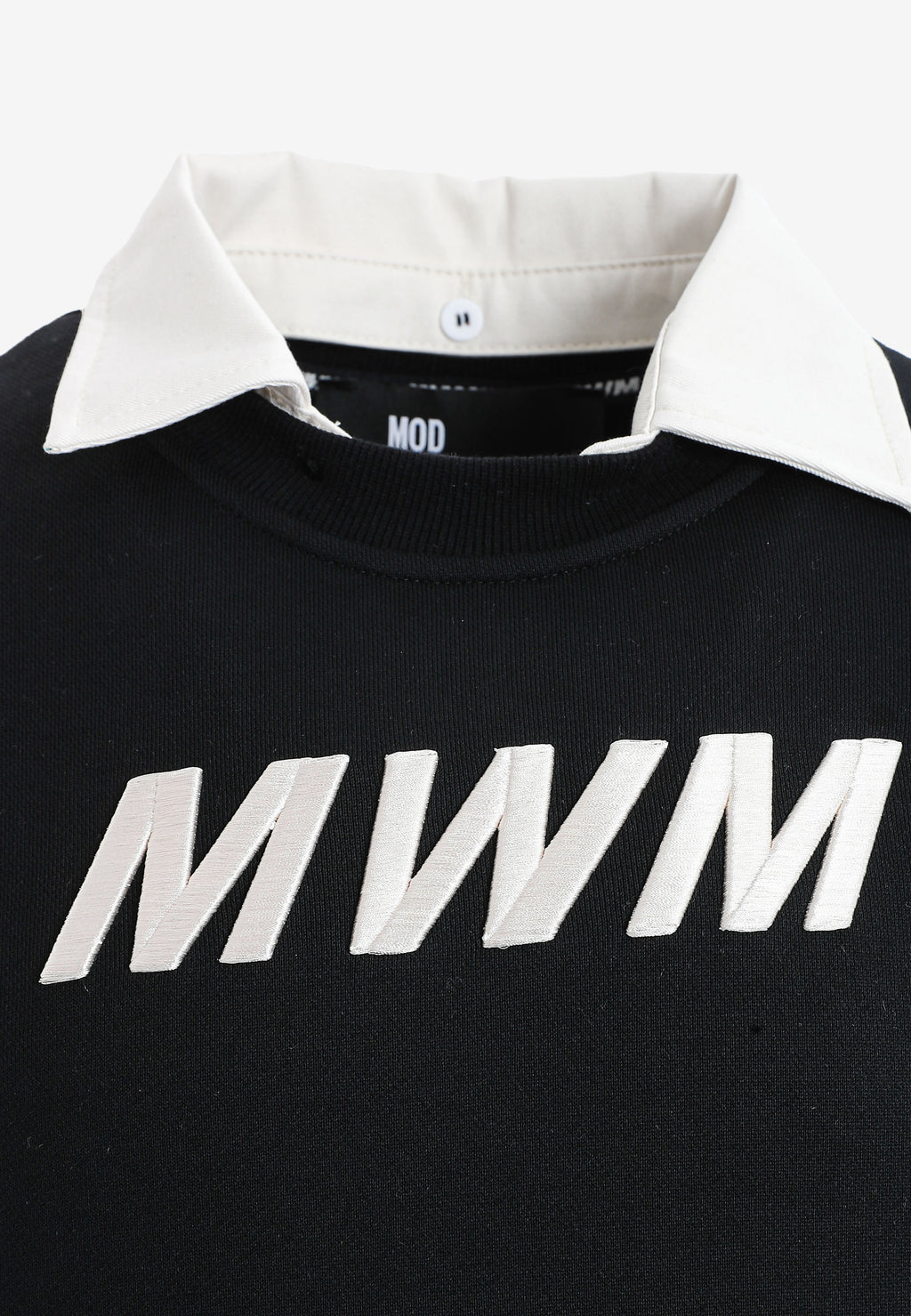 Sudadera multicapa con cuello de camisa extraíble y faldón de canvas y franela | MWM [PS_COLORS:BLACK]