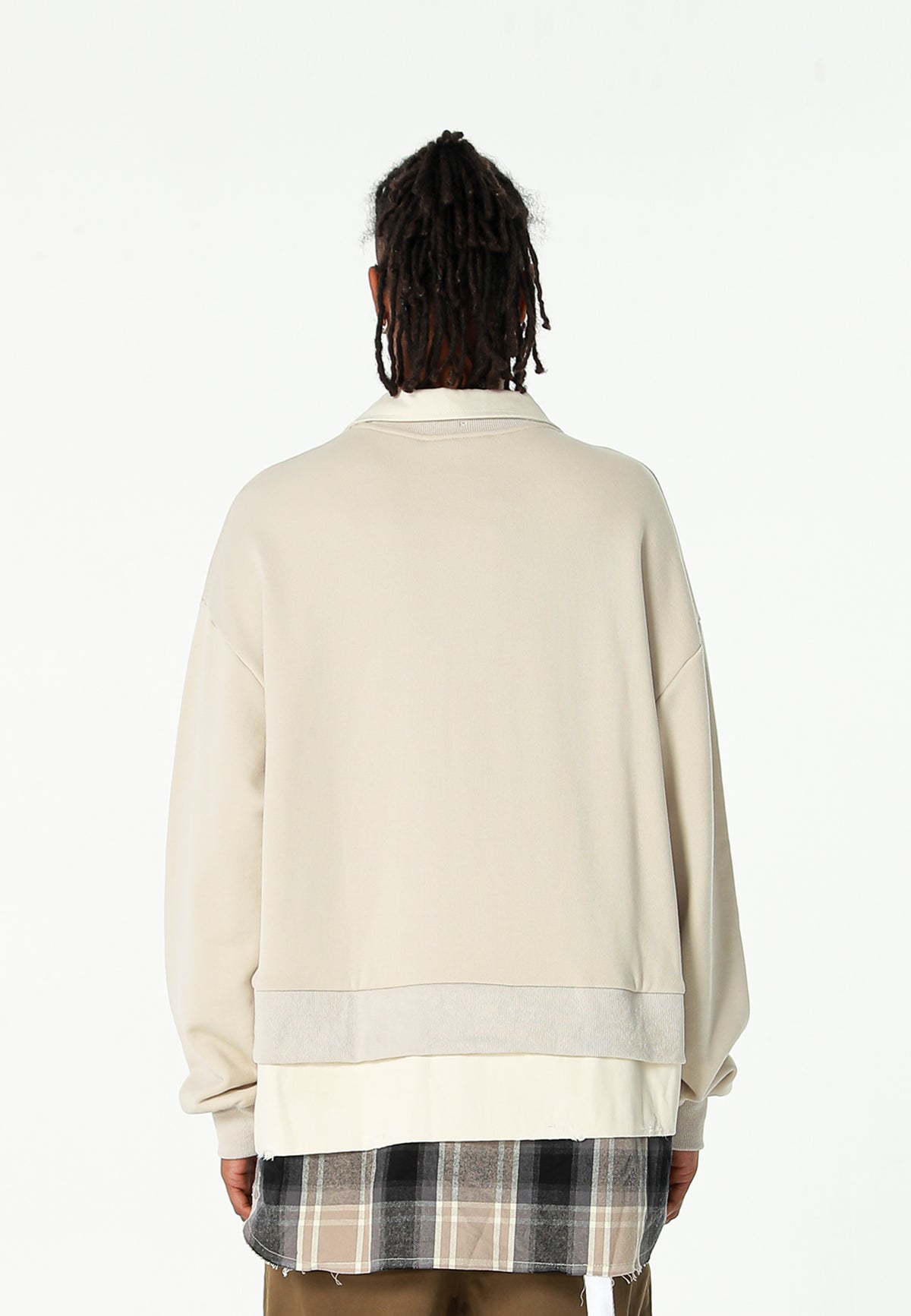 Sudadera multicapa con cuello de camisa extraíble y faldón de canvas y franela | MWM [PS_COLORS:ECRU]