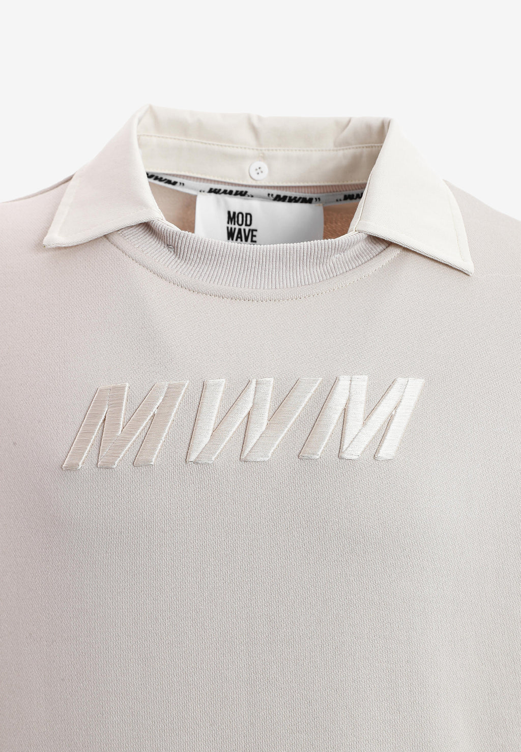 Sudadera multicapa con cuello de camisa extraíble y faldón de canvas y franela | MWM [PS_COLORS:ECRU]