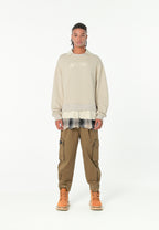 Sudadera multicapa con cuello de camisa extraíble y faldón de canvas y franela | MWM [PS_COLORS:ECRU]