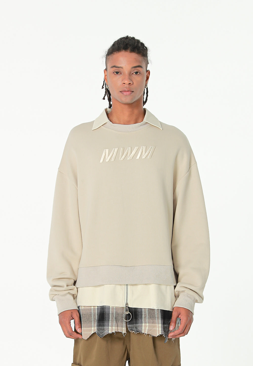 Sudadera multicapa con cuello de camisa extraíble y faldón de canvas y franela | MWM [PS_COLORS:ECRU]