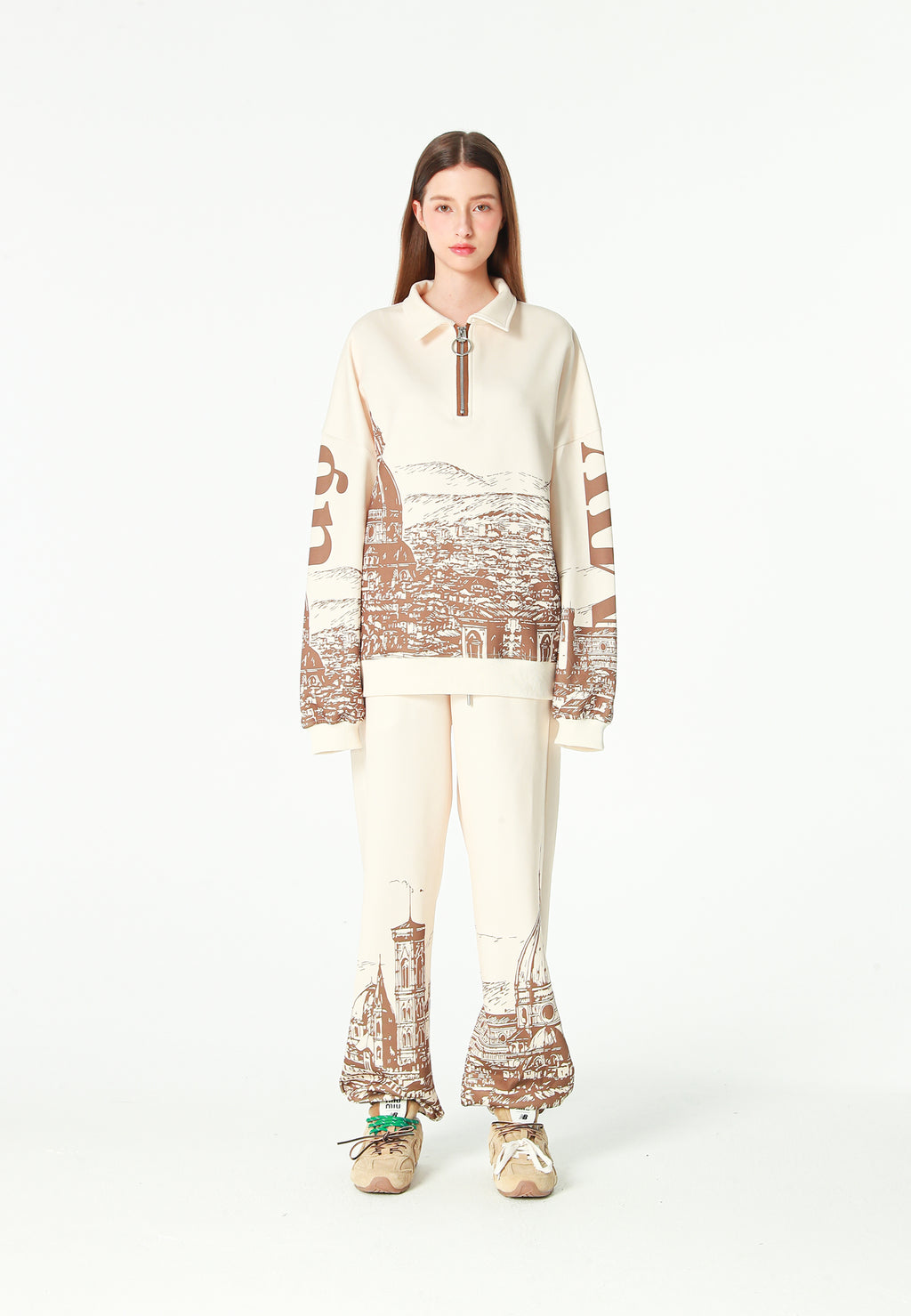 Sudadera polo con paisaje full-print y media cremallera | MWM [PS_COLORS:BROWN]