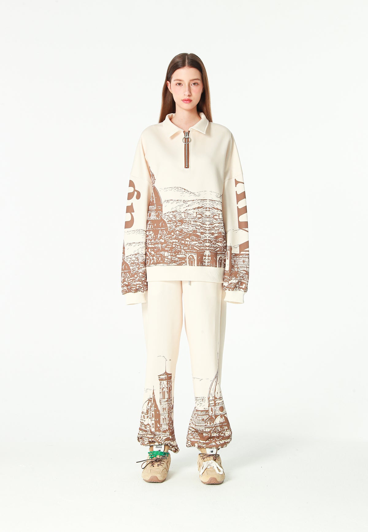 Sudadera polo con paisaje full-print y media cremallera | MWM [PS_COLORS:BROWN]