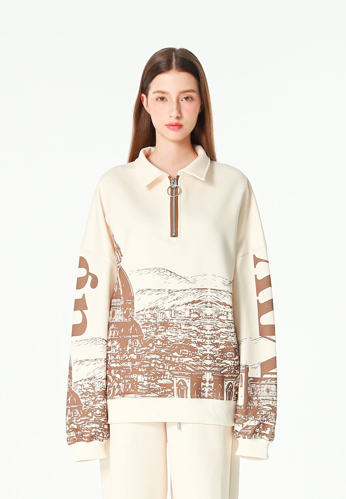 Sudadera polo con paisaje full-print y media cremallera | MWM [PS_COLORS:BROWN]