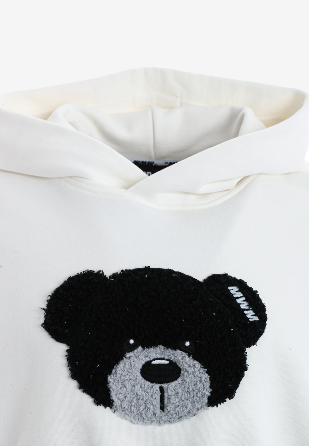 Sudadera corta con capucha de mujer TEDDY Mike Bag con gran parche frontal y detalles en mangas | MWM [PS_COLORS:WHITE]