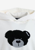 Sudadera corta con capucha de mujer TEDDY Mike Bag con gran parche frontal y detalles en mangas | MWM [PS_COLORS:WHITE]