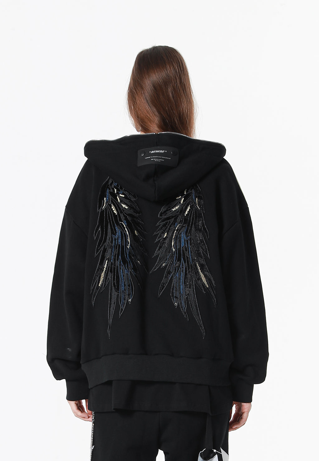 Sudadera con capucha Wings de corte relajado con estrellas frontales y alas en la espalda | MWM [PS_COLORS:BLACK]