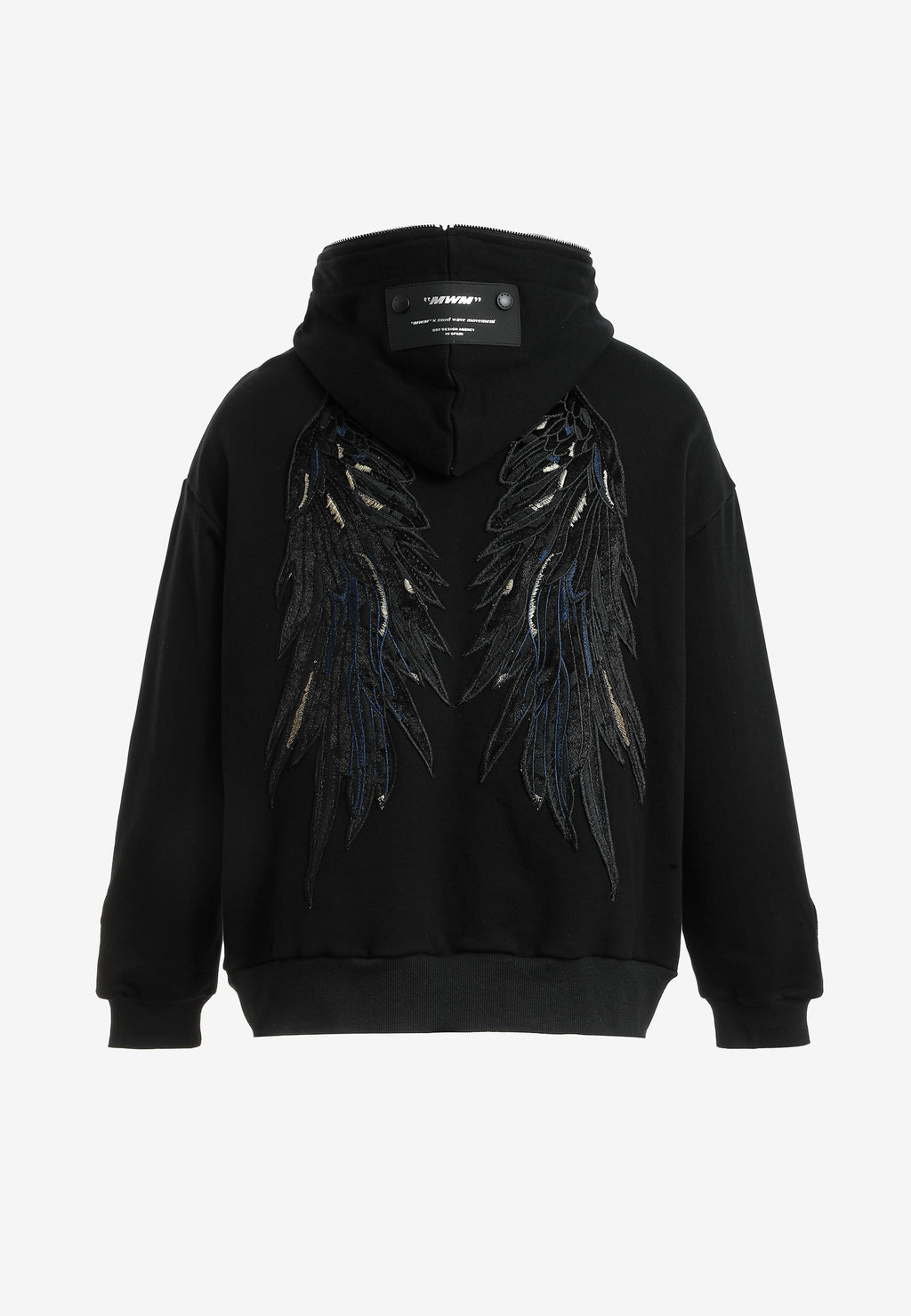 Sudadera con capucha Wings de corte relajado con estrellas frontales y alas en la espalda | MWM [PS_COLORS:BLACK]