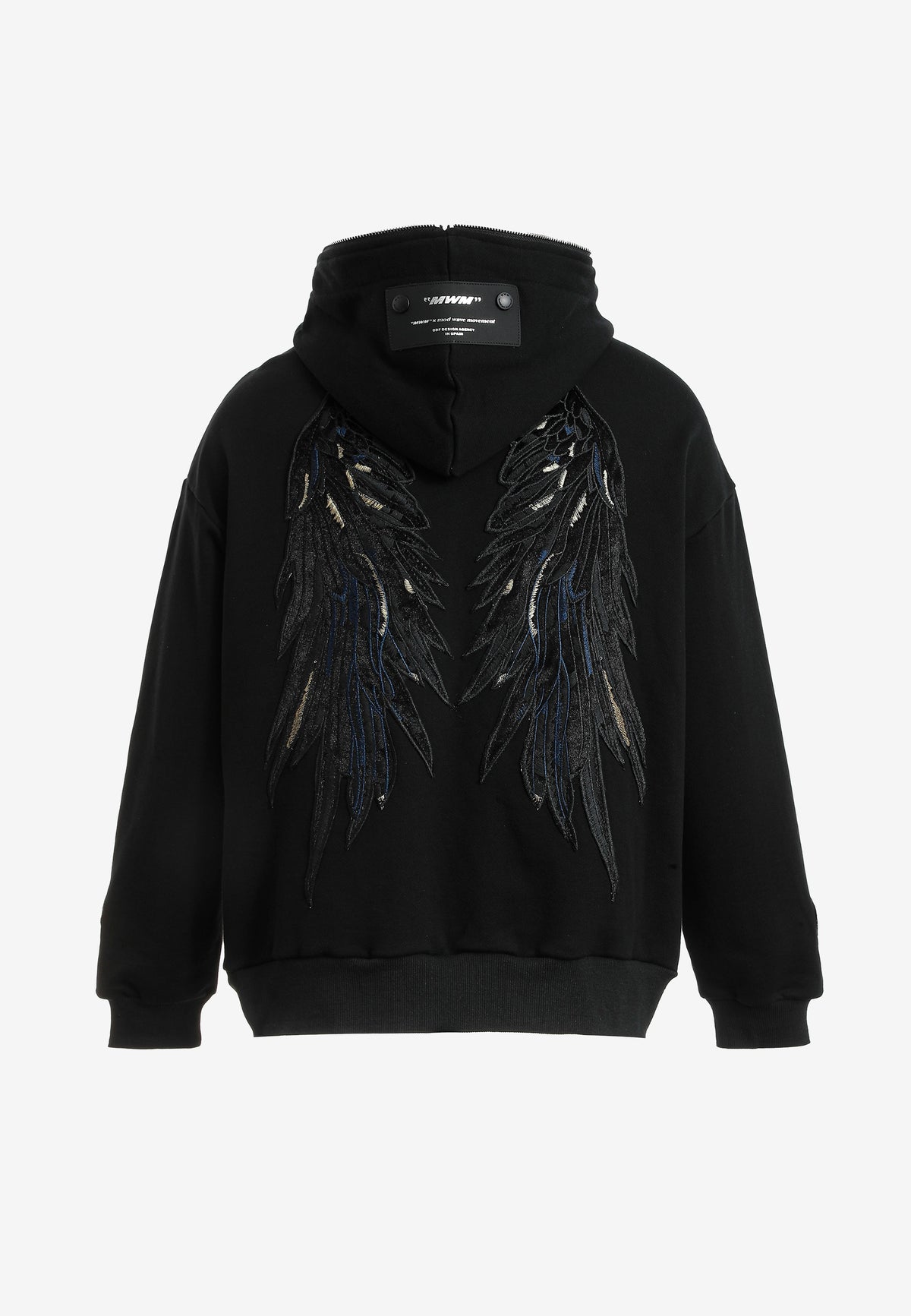 Sudadera con capucha Wings de corte relajado con estrellas frontales y alas en la espalda | MWM [PS_COLORS:BLACK]