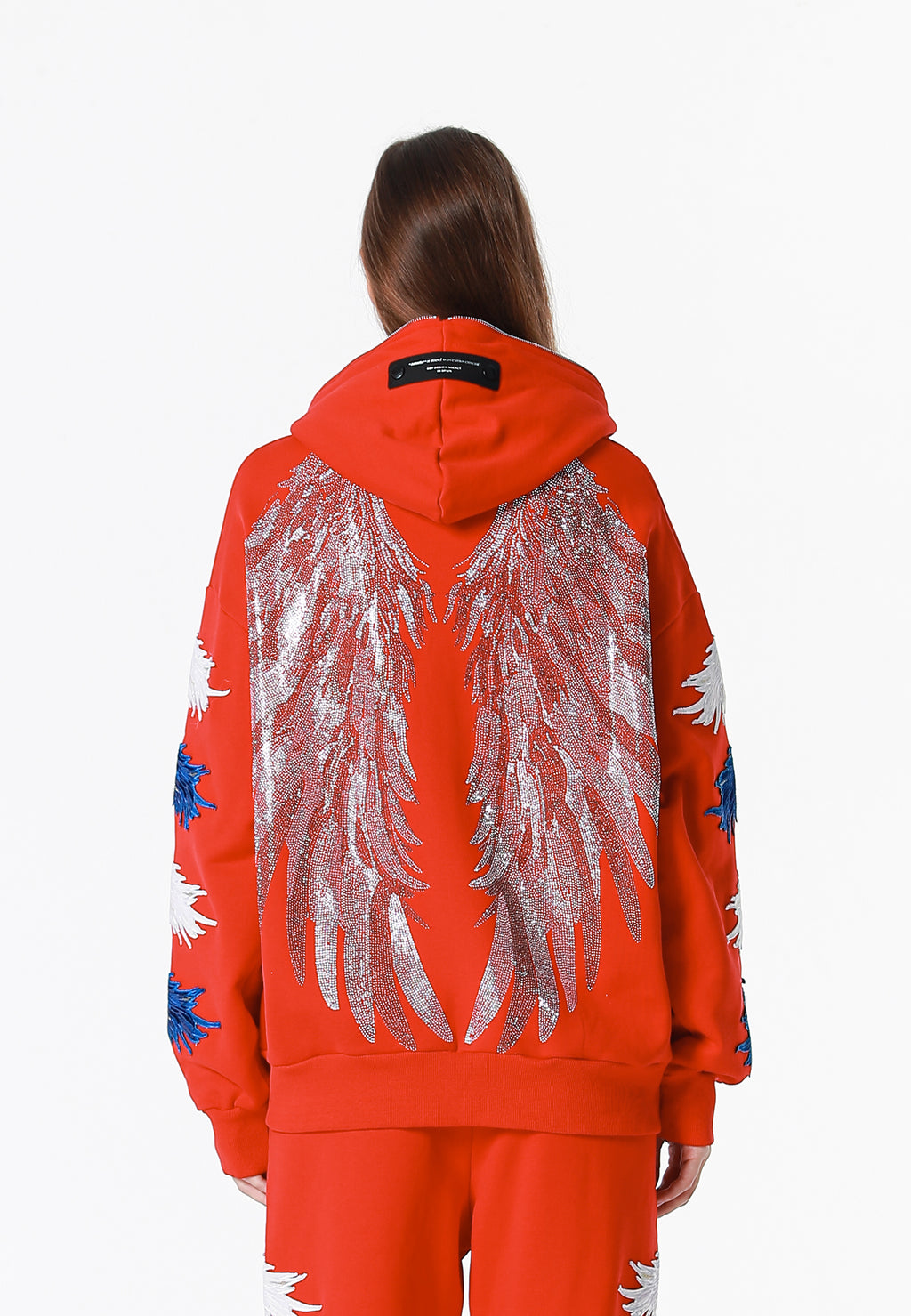 Sudadera con capucha Wings de corte relajado con Mini Wings en mangas y alas de strass en la espalda | MWM [PS_COLORS:RED]