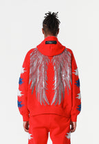 Sudadera con capucha Wings de corte relajado con Mini Wings en mangas y alas de strass en la espalda | MWM [PS_COLORS:RED]
