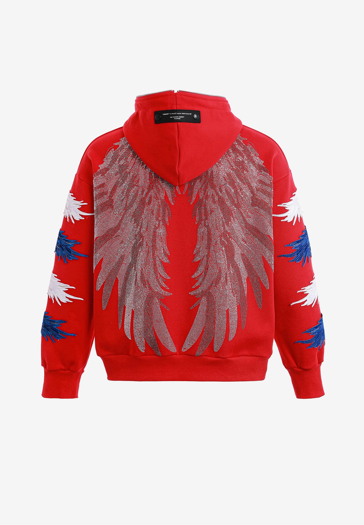Sudadera con capucha Wings de corte relajado con Mini Wings en mangas y alas de strass en la espalda | MWM [PS_COLORS:RED]