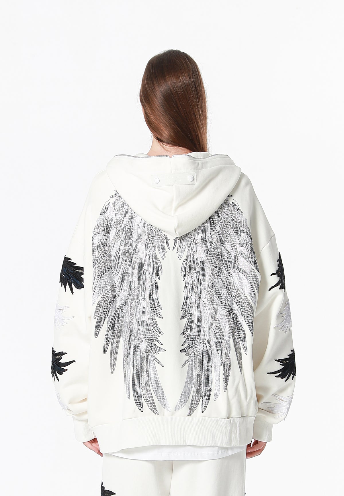 Sudadera con capucha Wings de corte relajado con Mini Wings en mangas y alas de strass en la espalda | MWM [PS_COLORS:WHITE]