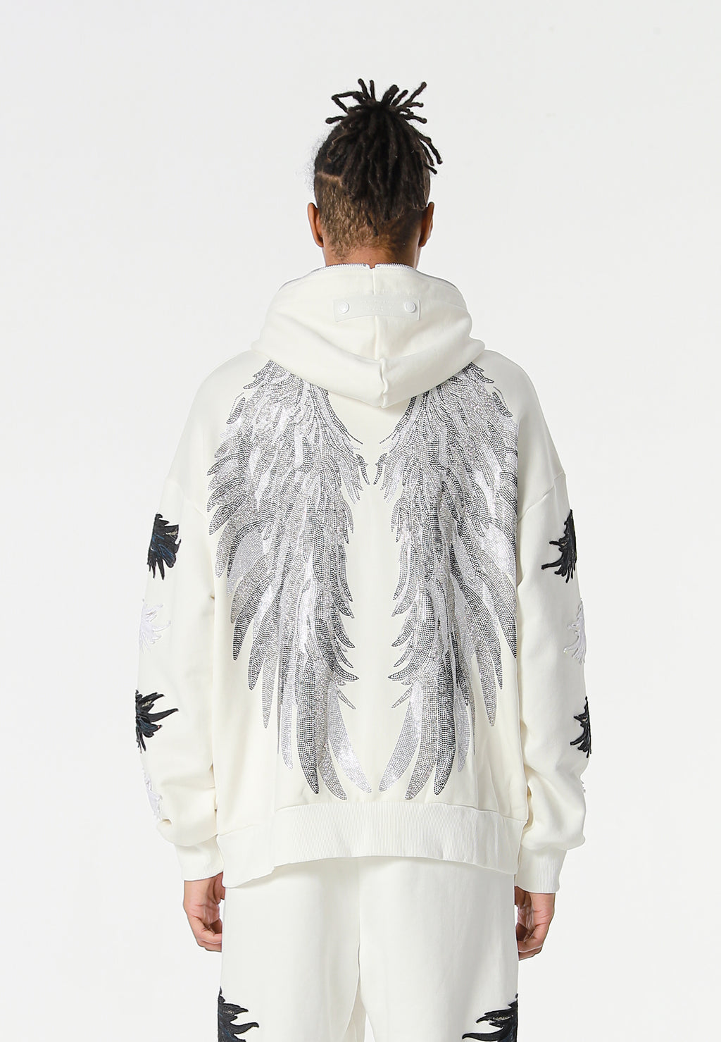 Sudadera con capucha Wings de corte relajado con Mini Wings en mangas y alas de strass en la espalda | MWM [PS_COLORS:WHITE]
