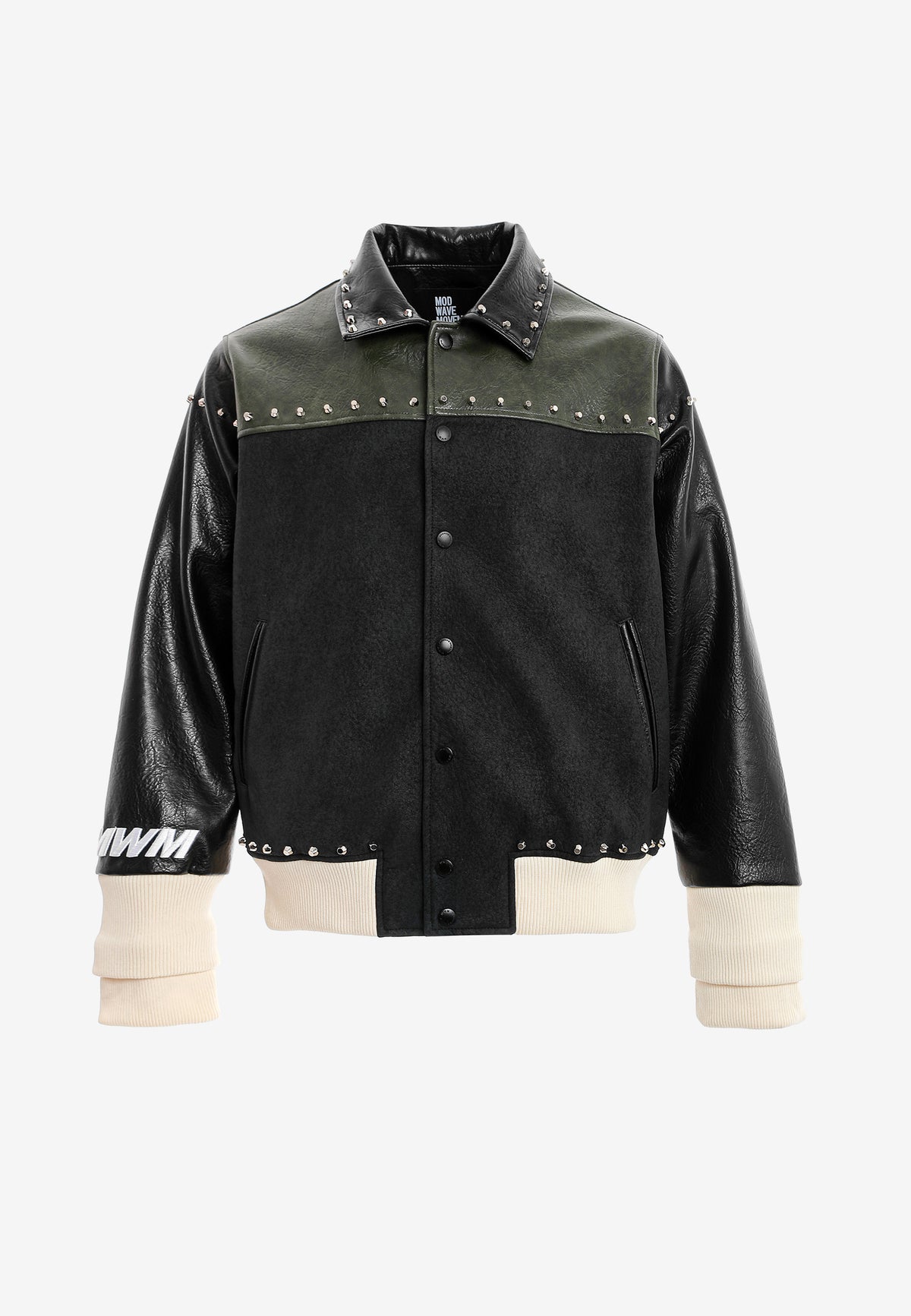 Chaqueta bomber de corte regular efecto piel con tachuelas metálicas y puños dobles | MWM [PS_COLORS:GREEN/BLAC]