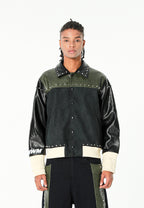 Chaqueta bomber de corte regular efecto piel con tachuelas metálicas y puños dobles | MWM [PS_COLORS:GREEN/BLAC]