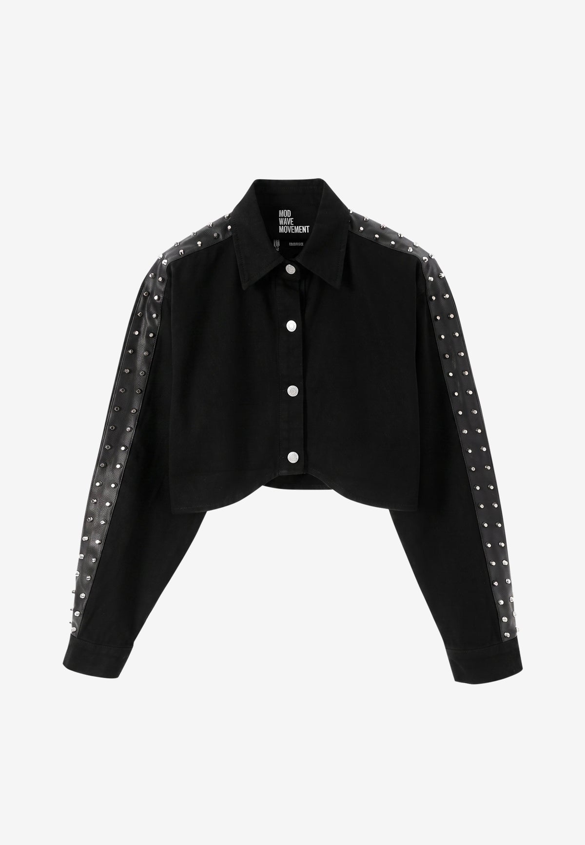 Camisa vaquera de mujer con franjas efecto piel, tachuelas y bajo asimétrico | MWM [PS_COLORS:BLACK]
