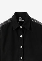 Camisa vaquera de mujer con franjas efecto piel, tachuelas y bajo asimétrico | MWM [PS_COLORS:BLACK]