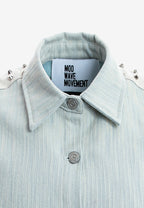 Camisa vaquera de mujer con franjas efecto piel, tachuelas y bajo asimétrico | MWM [PS_COLORS:ECRU-BLUE]