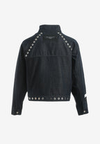 Chaqueta vaquera corta de corte regular con paneles asimétricos y tachuelas caladas | MWM [PS_COLORS:BLUE]