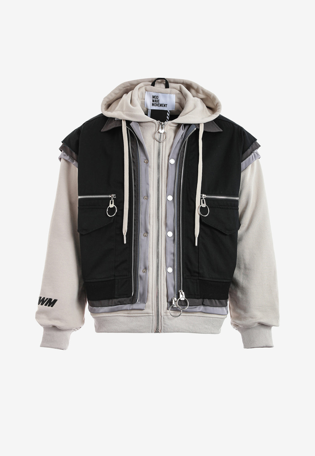 Chaqueta multicapa con capucha, cremallera y paneles superpuestos | MWM [PS_COLORS:BLACK]