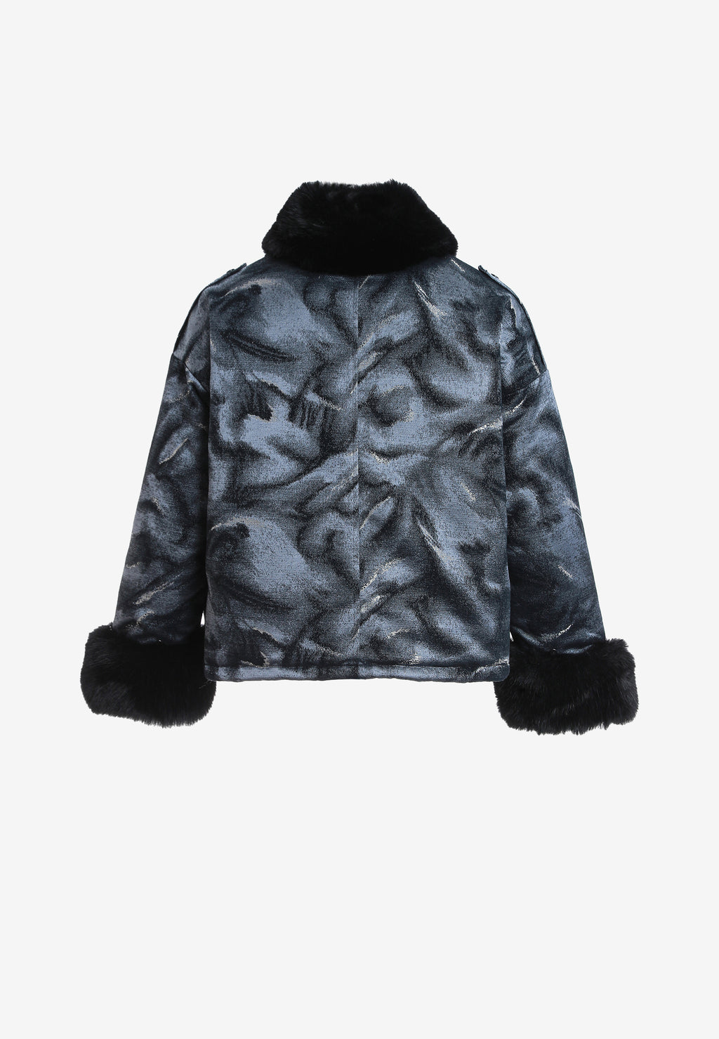 Chaqueta de mujer jacquard de chenilla con brillo, cuello y puños de pelo | MWM [PS_COLORS:BLACK]