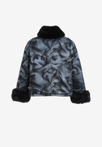 Chaqueta de mujer jacquard de chenilla con brillo, cuello y puños de pelo | MWM [PS_COLORS:BLACK]