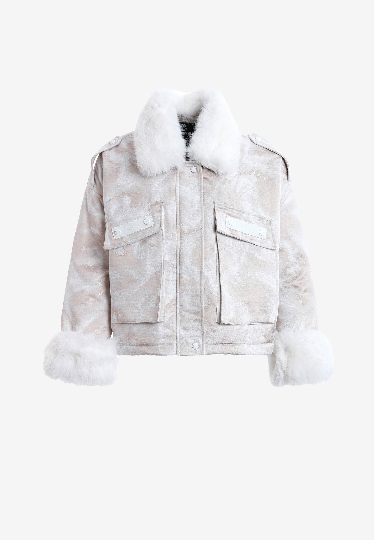 Chaqueta de mujer jacquard de chenilla con brillo, cuello y puños de pelo | MWM [PS_COLORS:IVORY]